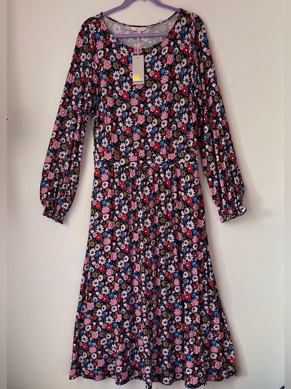 NWT Boden Evelyn Jersey Midi Dress Floral Pink Blue Long Sleeve Size US 10L / UK